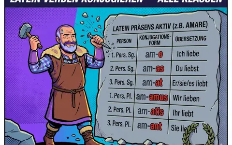 Ein Mann meißelt die Konjugation lateinischer Verben in Stein. Die Tabelle zeigt Präsens Aktiv von "amare".