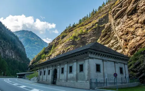 Edificio in pietra ai piedi di una montagna rocciosa, con strada e tunnel. Un passo alpino che sembra non finire mai, un vero sempione passo.