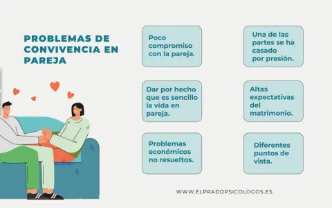 Ilustración de pareja en sofá, rodeada de corazones. El texto enumera problemas de convivencia, como la falta de compromiso o las altas expectativas, que hacen que no soporto la convivencia con mi pareja.