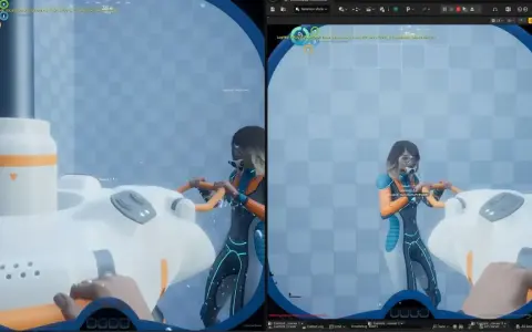 Jugando Subnautica 2 en PS5, una exploradora interactúa con una criatura blanca y naranja en un entorno acuático.