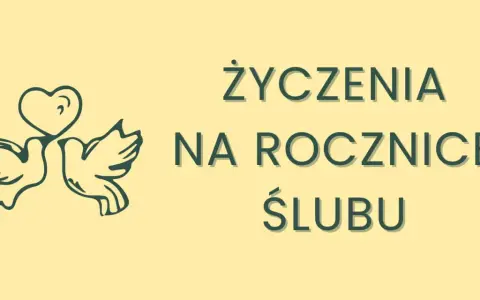 Dwa gołąbki z sercem nad głową symbolizują miłość. Tekst "Życzenia na rocznicę ślubu" zaprasza do składania krótkich życzeń.