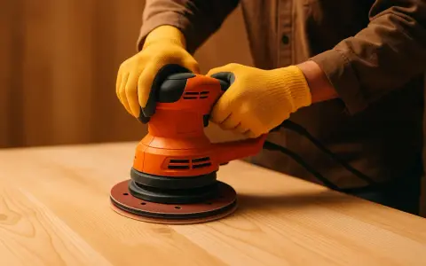 Maintenant, quelle ponceuse choisir pour meuble ? Un artisan utilise une ponceuse orbitale orange pour lisser un plateau en bois.