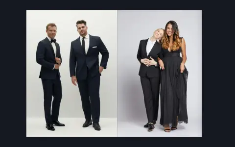 Two men in navy suits and two women in black formal wear, showcasing a sophisticated black tie dresscode.