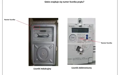 Na zdjęciu widoczne są dwa liczniki prądu: indukcyjny i elektroniczny. Na obu zaznaczono, gdzie znajduje się numer licznika.