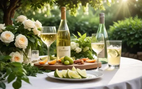 En vacker utomhusdukning med vita rosor, vinflaskor, glas med vitt vin och limeklyftor. En perfekt miljö för att fundera över vilken alkohol som har minst kalorier.