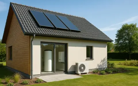 Maison moderne avec panneaux solaires sur le toit et unité extérieure d'un système solaire combiné.