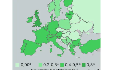 Mapa Europy z dopuszczalną ilością alkoholu we krwi. Aby alkohol się palił, musi mieć co najmniej 0,8 promila.