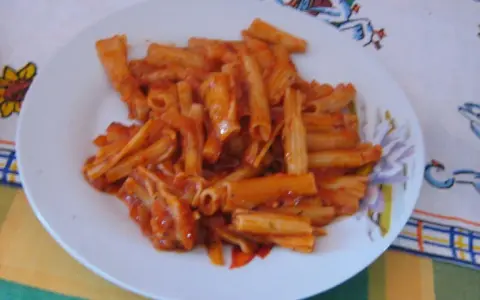Penne rigate w bogatym sosie pomidorowym, podane na białym talerzu. Pyszny obiad gotowy!