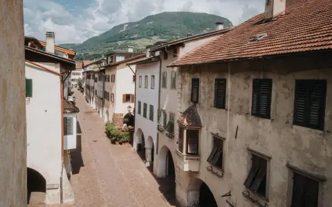 Antica via del vino con case color crema, persiane verdi e un monte sullo sfondo.