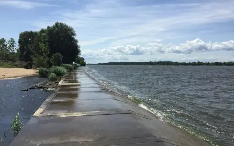 Betonowy falochron w miejscu ujścia Wisły. Woda faluje, a po lewej stronie widać piaszczystą plażę i zieleń.