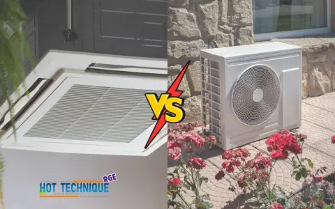 Comparaison entre une unité intérieure de climatisation et une unité extérieure de PAC réversible, avec des roses en premier plan.