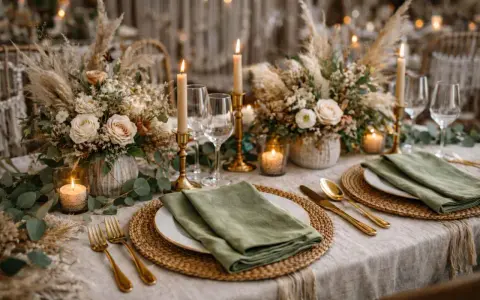 Elegancka dekoracja sali boho: kwiaty, trawy pampasowe, świece i złote sztućce tworzą ciepłą atmosferę.