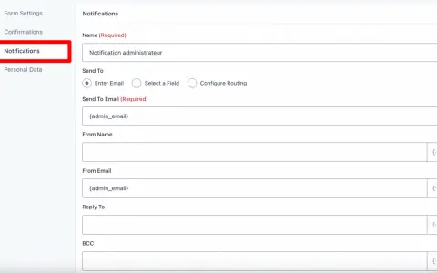 Configuration des notifications pour un formulaire Gravity Forms WordPress.