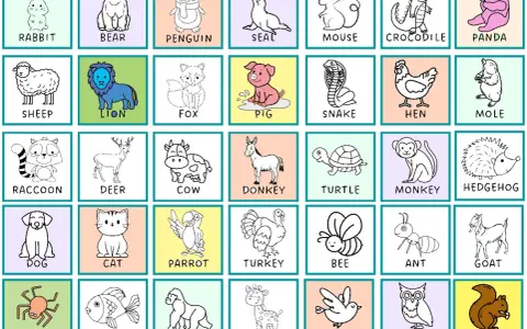 Kolorowanki po angielsku do wydruku z uroczymi zwierzątkami: królik, miś, pingwin, foka, mysz, krokodyl, panda, owca, lew, lis, świnka, wąż, kura, kret, szop, jeleń, krowa, osioł, żółw, małpa, jeż, pies, kot, papuga, indyk, pszczoła, mrówka, koza, pają...