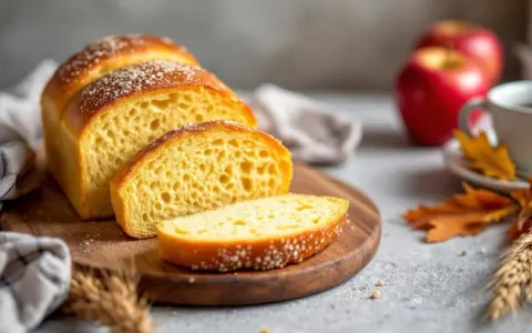 Un pain au pomme doré, tranché sur une planche en bois, avec des pommes rouges et des feuilles d'automne en arrière-plan.