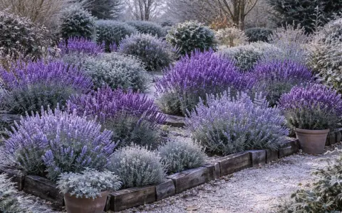 Ein Garten mit verschiedenen Lavendel-Sorten, die in voller Blüte stehen. Die violetten Blüten bilden einen schönen Kontrast zu den graugrünen Blättern und dem Kiesweg.