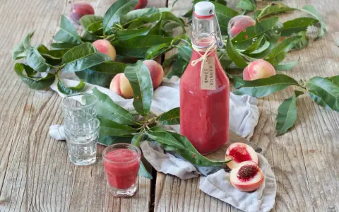 Flasche mit selbstgemachtem Pfirsichschnaps, frische Pfirsiche und Blätter auf Holztisch. Perfekt für den Sommer!