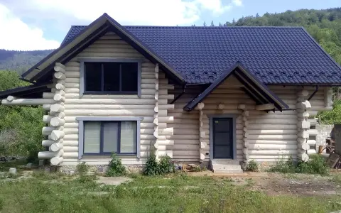 Drewniany dom z bali z ciemnym dachem i oknami, otoczony zielenią.