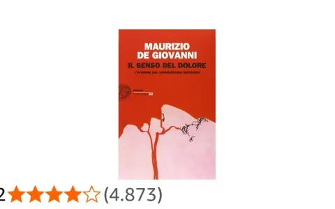 Copertina del libro "Il senso del dolore" di Maurizio de Giovanni, con un disegno stilizzato di un albero e un cielo rosso.