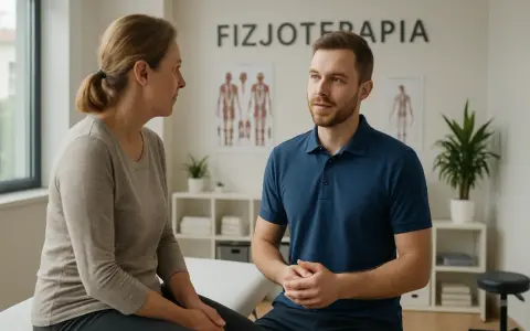 Fizjoterapeuta w gabinecie rozmawia z pacjentką.