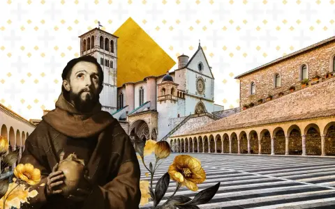 Św. Franciszek z Asyżu, patron roku św. Franciszka, w otoczeniu bazyliki i symboli życia.
