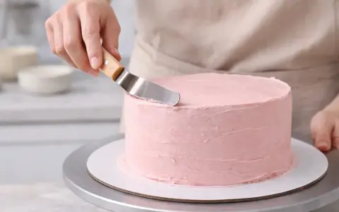 Manos expertas aplican glaseado rosa a un pastel redondo. Aprende como decorar tartas con esta técnica.