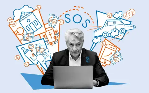 Ernsthafter Mann am Laptop, umgeben von Symbolen für Haus, Auto, Baby, Geld und SOS. Hilfe bei Fragen zu kostenlose rechtsberatung mietrecht.
