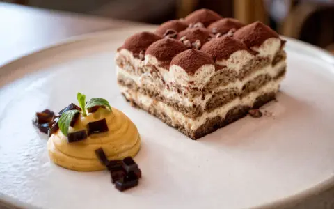 Pyszne domowe ciasta na wesele: tiramisu i mus z galaretką, udekorowane miętą.