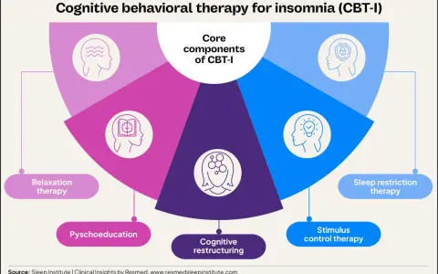 Grafik zeigt Kernkomponenten von CBT-I: Entspannungstherapie, Psychoedukation, kognitive Umstrukturierung, Stimuluskontrolle & Schlafrestriktion.