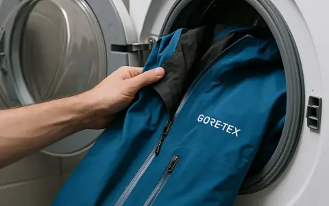 Mano mete chaqueta azul GORE-TEX en lavadora. Aprende cómo lavar Goretex para mantener su impermeabilidad.