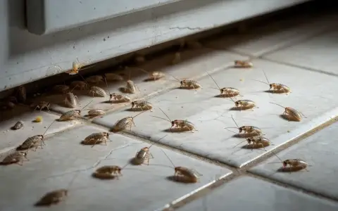 Un enjambre de cucarachas pequeñas se arrastra por el suelo de baldosas, buscando refugio bajo un mueble.