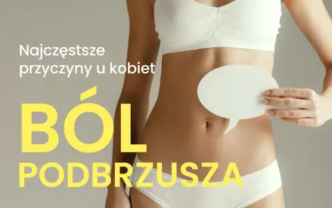 Ból podbrzusza u kobiet. Kobieta trzyma dymek nad brzuchem, symbolizując dyskomfort i pytania o jego przyczyny.