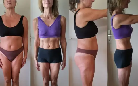 Transformation d'une femme après 50 ans : avant/après, montrant les résultats d'un programme pour se muscler.