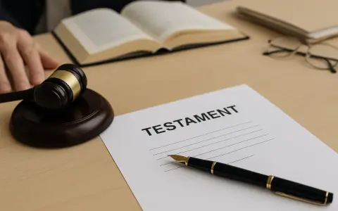 Sądowy młotek, otwarte księgi i pióro czekają na podpisanie testamentu notarialnego.