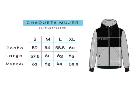 Guía de tallas de chaquetas mujer: medidas de pecho, largo y mangas en cm para tallas S, M, L, XL.