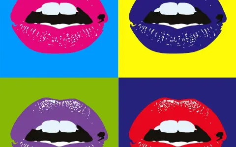 Four vibrant lips in pop art style, reminiscent of Warhol's work, against bold, contrasting backgrounds.