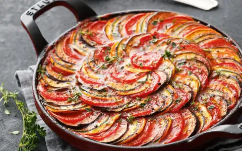 Ein wunderschönes Ratatouille-Rezept, das in einer roten Pfanne mit geschichteten Tomaten-, Zucchini- und Auberginenscheiben und frischen Kräutern präsentiert wird.