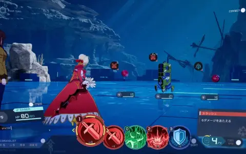 Saber w czerwonej sukni w grze Fate/Extra Record, gotowa do walki. Na ekranie widoczne są ikony umiejętności i pasek życia.