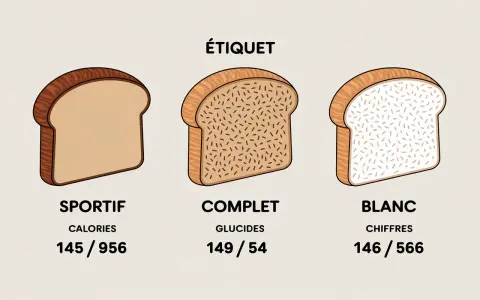 Trois tranches de pain : sportif, complet et blanc. Le pain complet fait il grossir ? L'image compare leurs valeurs nutritionnelles.
