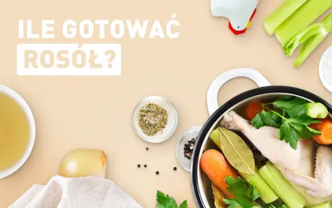 Ile gotować rosół? Garnek z kurczakiem, warzywami i przyprawami, obok miseczka z bulionem i timer w kształcie kurczaka.