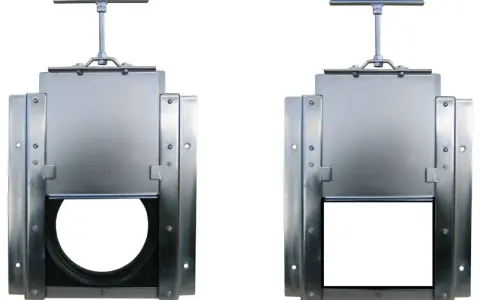Deux vannes murales guillotine en métal, l'une avec une ouverture ronde, l'autre avec une ouverture rectangulaire.