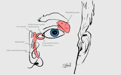 Illustrazione anatomica dell'occhio e del sistema lacrimale, con dettagli sul dotto lacrimale adulto e la ghiandola.