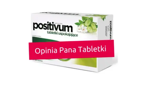 Pudełko tabletek uspokajających "positivum" z chmielem i kwiatami, z napisem "Opinia Pana Tabletki".