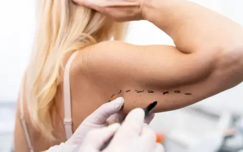 Medico disegna con pennarello su braccio, segnando una nuova tecnica per lifting braccia.