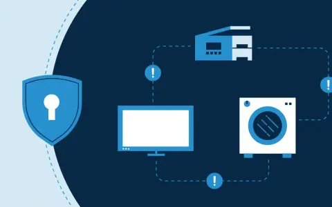 Shield icon protecting various access control IoT devices like a monitor, printer, and washing machine from potential threats.