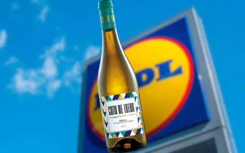Botella de vino blanco Coto de Ibedo con etiqueta colorida, frente a un cartel de Lidl.