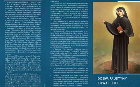 Święta Faustyna Kowalska w habicie, z krzyżem i modlitewnikiem. Obok tekst o jej życiu i kulcie Miłosierdzia, w tym litania do św. Faustyny.