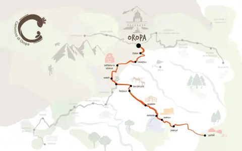 Mappa stilizzata del Cammino di Oropa, con sentieri, santuari e località.