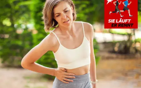 Frau mit Bauchschmerzen beim Joggen, vielleicht durchfall. Ein Logo mit Läufern ist rechts oben.