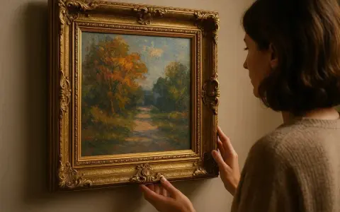 Une femme ajuste un tableau représentant un chemin forestier automnal, son cadre doré orné ajoutant une touche d'élégance.